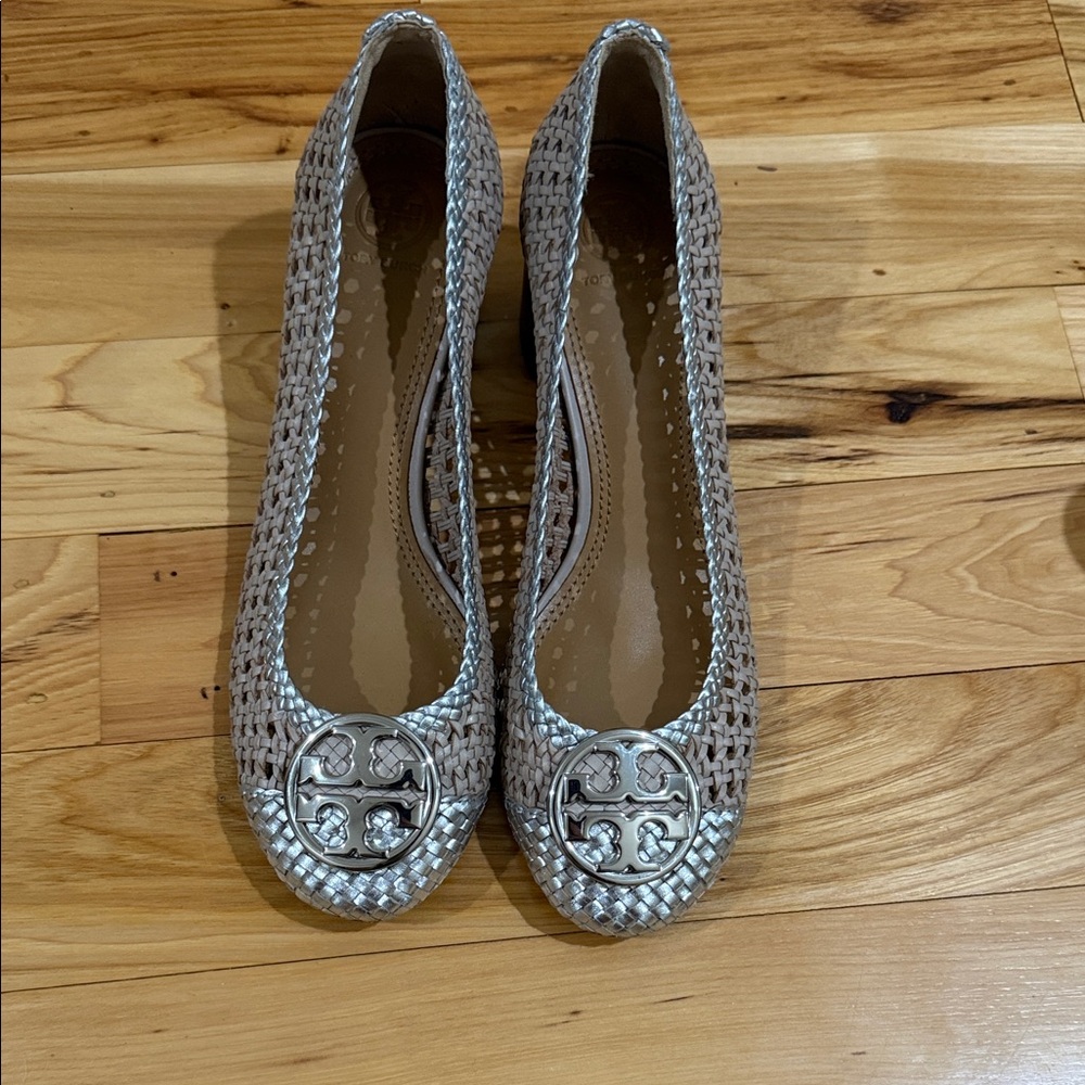 Tory Burch Metallic Silver Woven Logo Ballet Low Heels